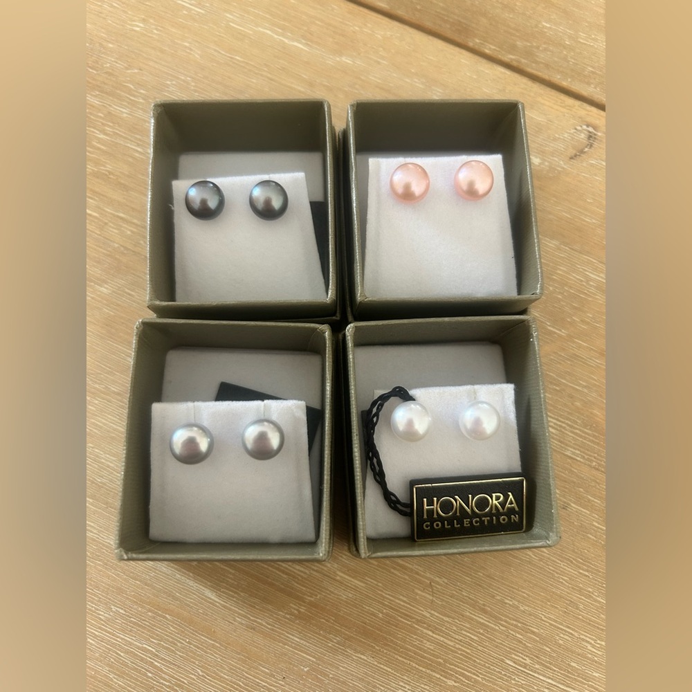 Vintage Honora Pearl Earrings Set - Black, Pink, White, Gray